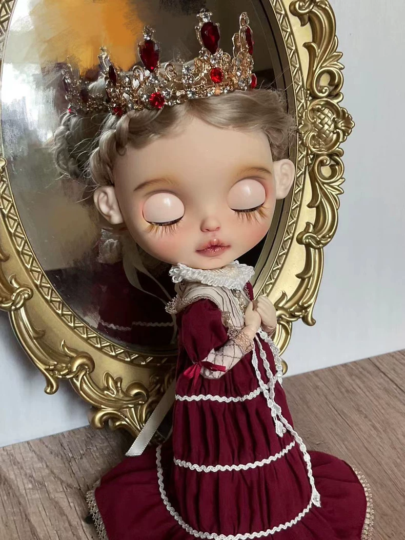 Vintage Court Blythe Doll Outfit: Luxurious Burgundy Lace Dress & Gemstone Tiara - Image 1