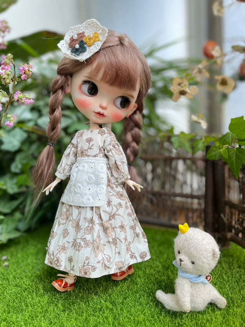 Vintage Floral Blythe Doll Outfit w/ Cape & Lace - Cream & Brown Elegance - Image 5