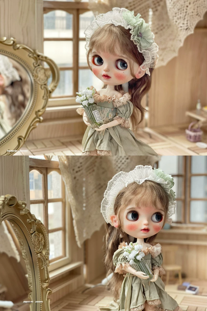 Vintage Blythe Doll Lace Dress Outfit with Floral Headband - Elegant Pastel Collectors Set - Image 4