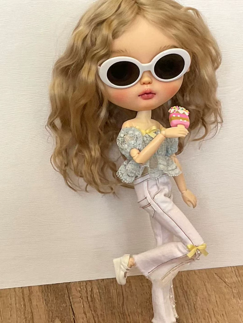 Chic BLYTHE Doll Outfit: Elegant Off-Shoulder Top & Flared Jeans Set – Pastel Blue & White - Image 1