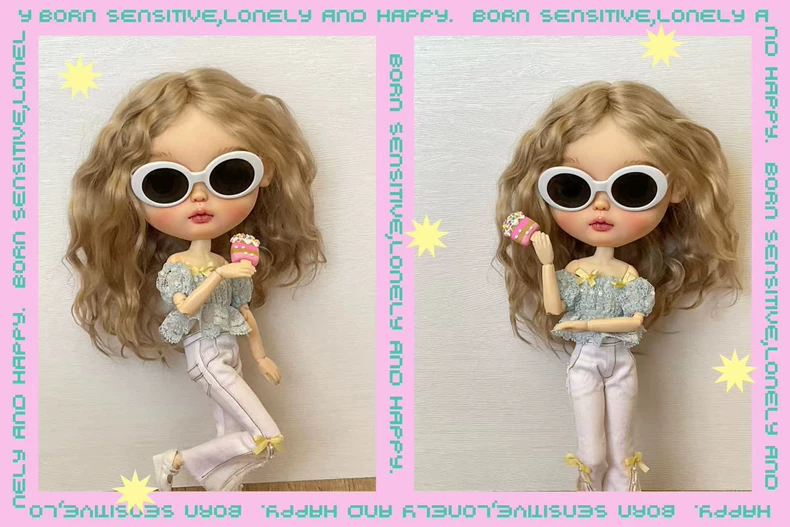 Chic BLYTHE Doll Outfit: Elegant Off-Shoulder Top & Flared Jeans Set – Pastel Blue & White - Image 2