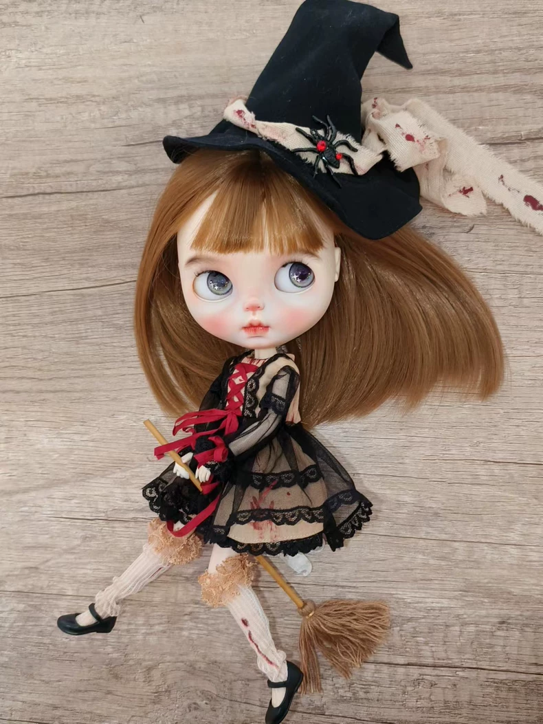 Spooky Chic BLYTHE Witch Costume – Lace & Blood-Splattered Halloween Outfit with Broomstick - Image 1