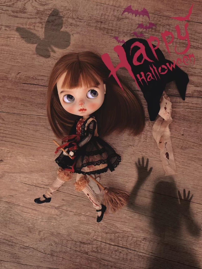 Spooky Chic BLYTHE Witch Costume – Lace & Blood-Splattered Halloween Outfit with Broomstick - Image 3