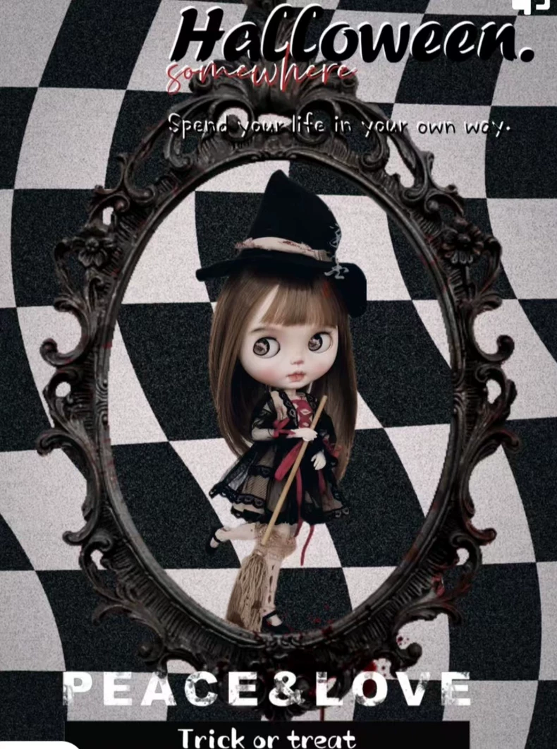 Spooky Chic BLYTHE Witch Costume – Lace & Blood-Splattered Halloween Outfit with Broomstick - Image 7