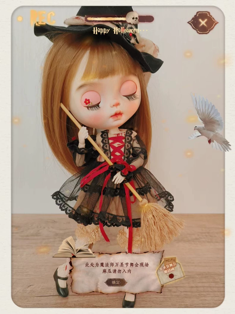 Spooky Chic BLYTHE Witch Costume – Lace & Blood-Splattered Halloween Outfit with Broomstick - Image 8