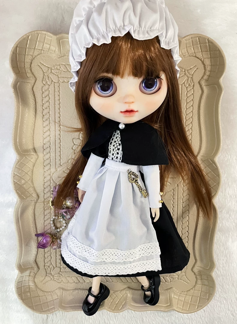 Charming Blythe Doll Outfit - Black Dress & White Apron Set with Elegant Accessories for OB24 & 6-Inch Dolls - Image 1
