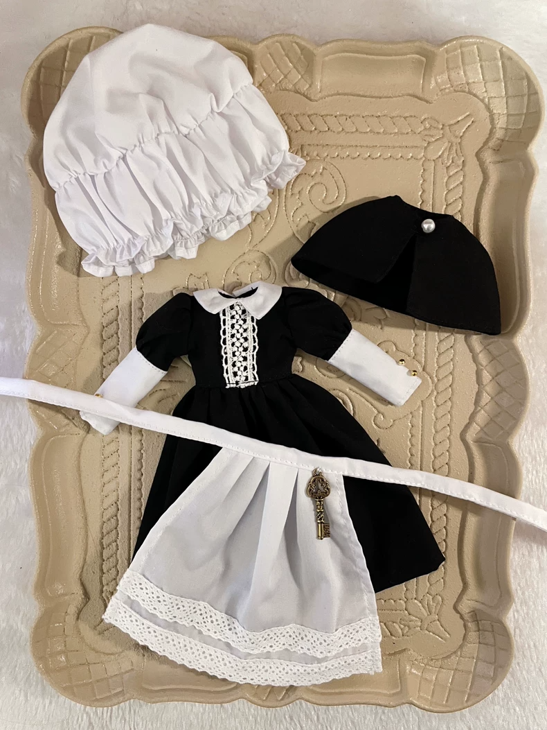 Charming Blythe Doll Outfit - Black Dress & White Apron Set with Elegant Accessories for OB24 & 6-Inch Dolls - Image 3