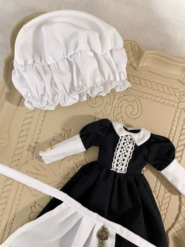 Charming Blythe Doll Outfit - Black Dress & White Apron Set with Elegant Accessories for OB24 & 6-Inch Dolls - Image 4