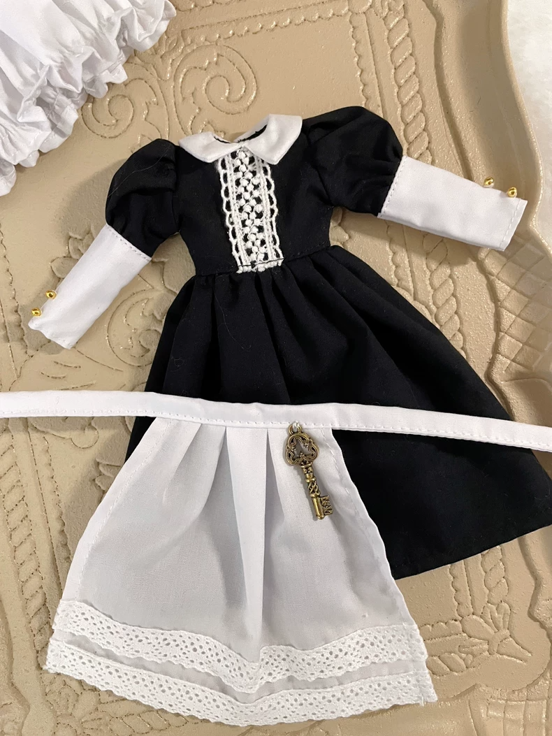 Charming Blythe Doll Outfit - Black Dress & White Apron Set with Elegant Accessories for OB24 & 6-Inch Dolls - Image 6