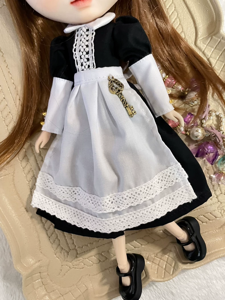 Charming Blythe Doll Outfit - Black Dress & White Apron Set with Elegant Accessories for OB24 & 6-Inch Dolls - Image 7