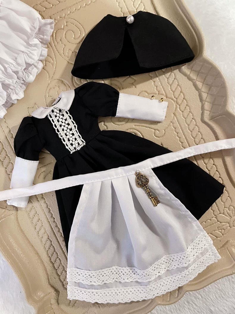 Charming Blythe Doll Outfit - Black Dress & White Apron Set with Elegant Accessories for OB24 & 6-Inch Dolls - Image 8