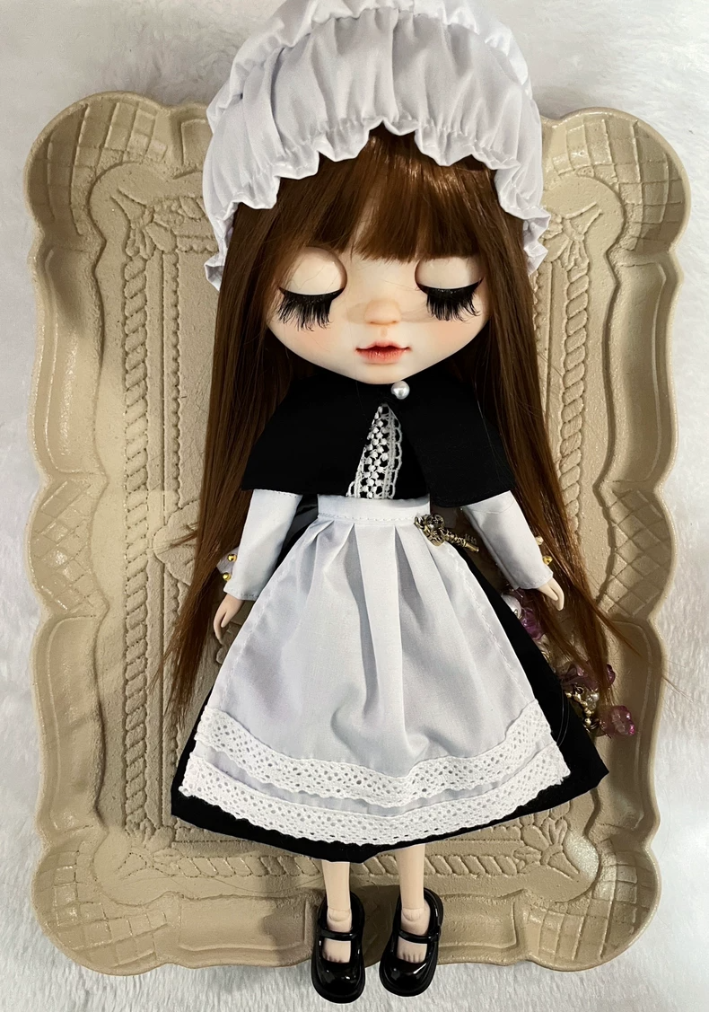 Charming Blythe Doll Outfit - Black Dress & White Apron Set with Elegant Accessories for OB24 & 6-Inch Dolls - Image 9
