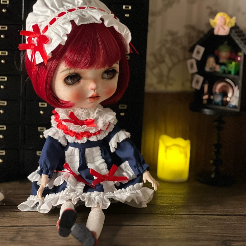 Charming Navy & White BLYTHE Doll Outfit for OB24 – 6-Piece Set with Headpiece, Dress & Socks - Image 2