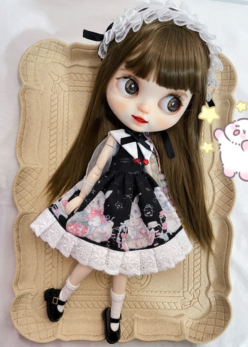 Whimsical Rabbit-Themed BLYTHE Doll Outfit – Elegant Black & White Dress with Pink Accents & Accessories for 6-Inch Dolls - Image 1