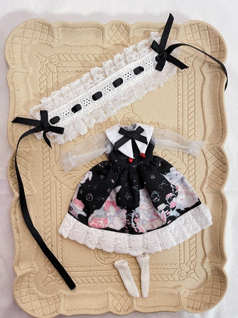 Whimsical Rabbit-Themed BLYTHE Doll Outfit – Elegant Black & White Dress with Pink Accents & Accessories for 6-Inch Dolls - Image 2