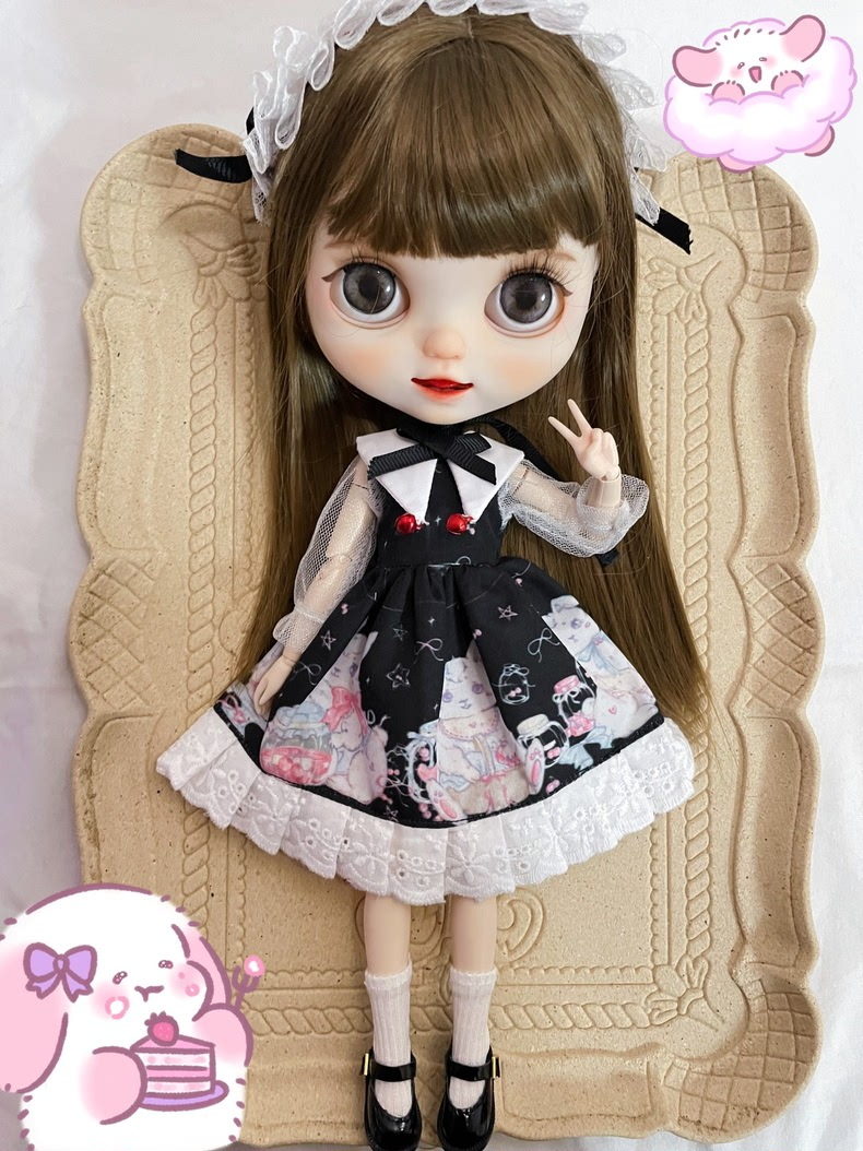 Whimsical Rabbit-Themed BLYTHE Doll Outfit – Elegant Black & White Dress with Pink Accents & Accessories for 6-Inch Dolls - Image 3