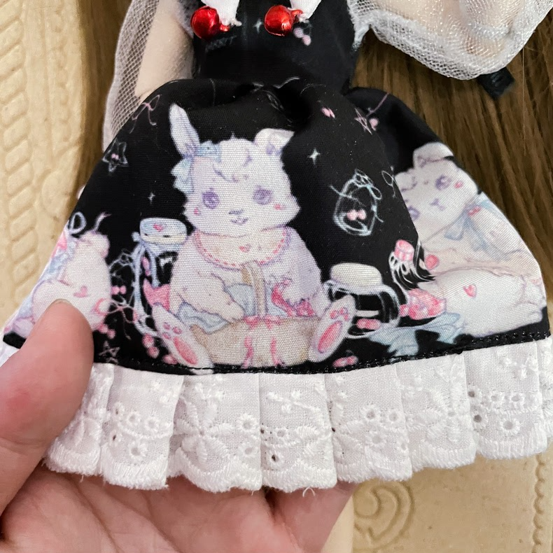 Whimsical Rabbit-Themed BLYTHE Doll Outfit – Elegant Black & White Dress with Pink Accents & Accessories for 6-Inch Dolls - Image 4