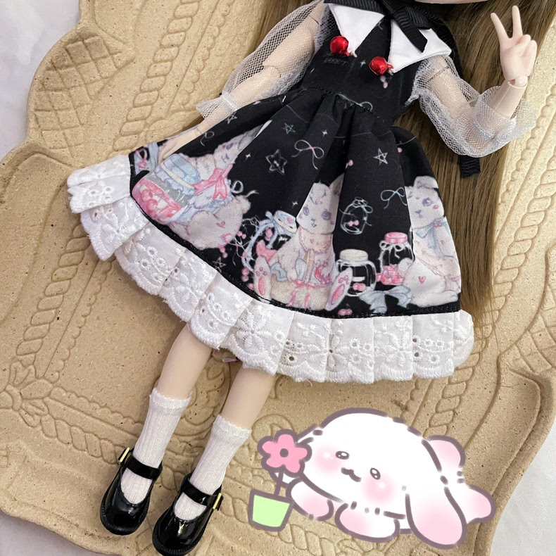 Whimsical Rabbit-Themed BLYTHE Doll Outfit – Elegant Black & White Dress with Pink Accents & Accessories for 6-Inch Dolls - Image 5
