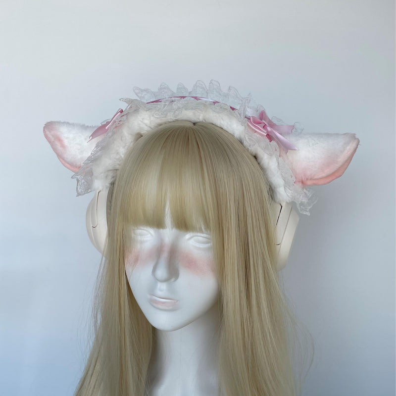 Handmade Lamb Ear Lace Headphone Cover with Pink Bows