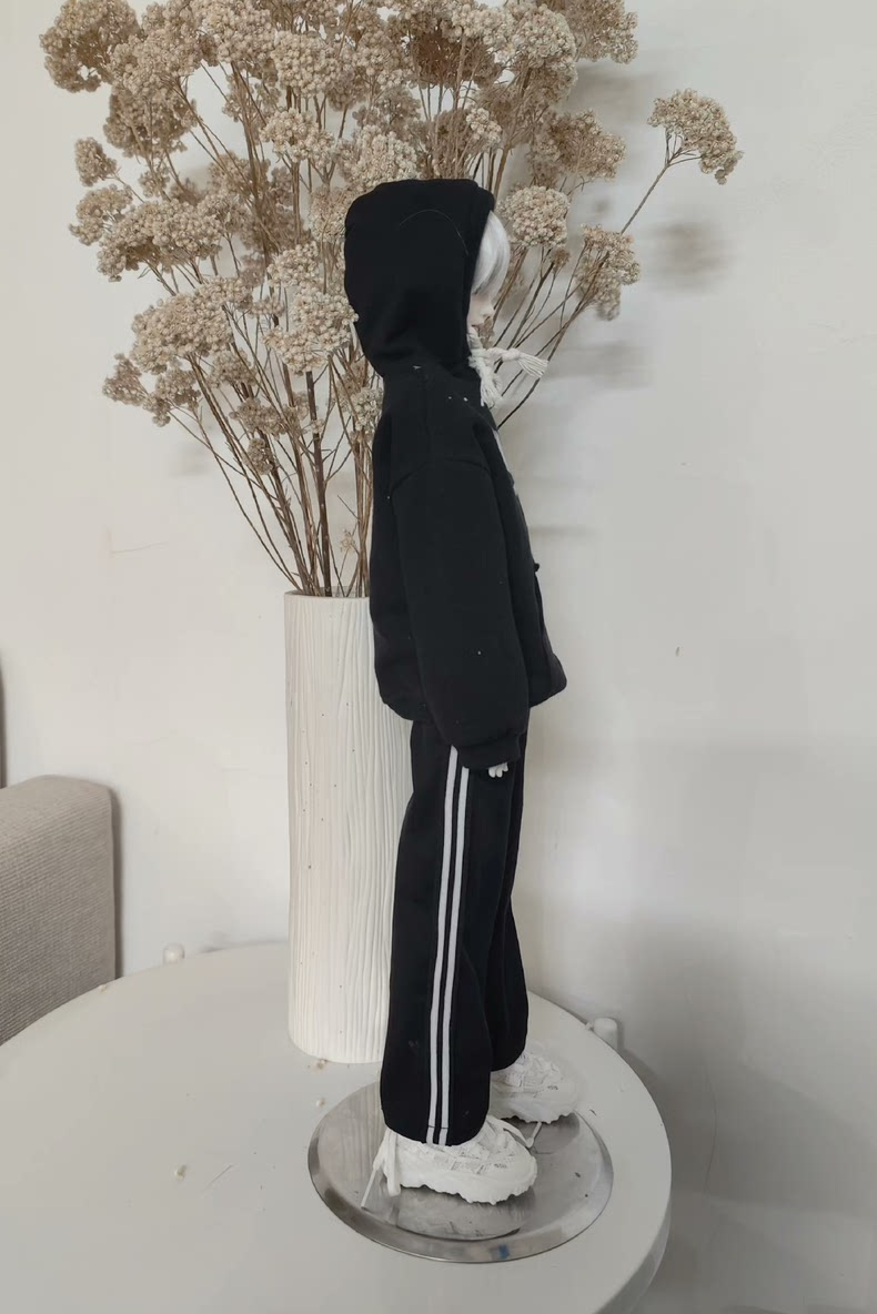 Handmade 1/4 BJD Outfit: Black & White Striped Hoodie & Pants Set – Premium Fleece, Elastic Waist - Image 1