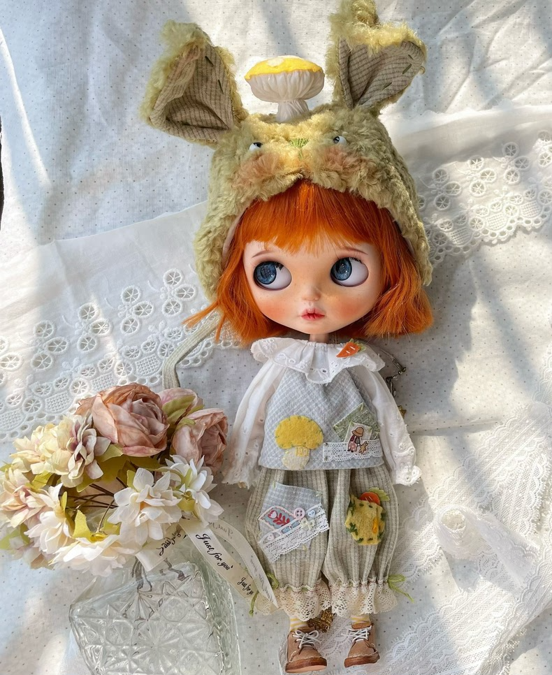 Enchanted Woodland Blythe Doll Outfit – Whimsical Mushroom Rabbit Hat & Pastel Fantasy Ensemble - Image 2