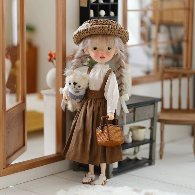 Handmade Blythe Doll Clothes Vintage Apron Skirt & Blouse Outfit for OB24 OB22 Dolls Cotton White Brown - Image 1