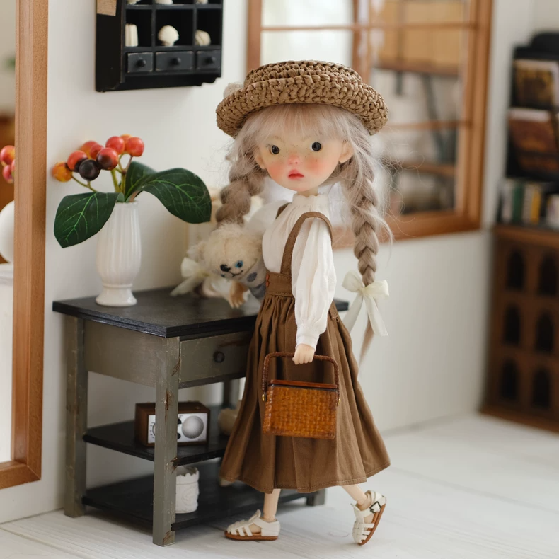 Handmade Blythe Doll Clothes Vintage Apron Skirt & Blouse Outfit for OB24 OB22 Dolls Cotton White Brown - Image 2