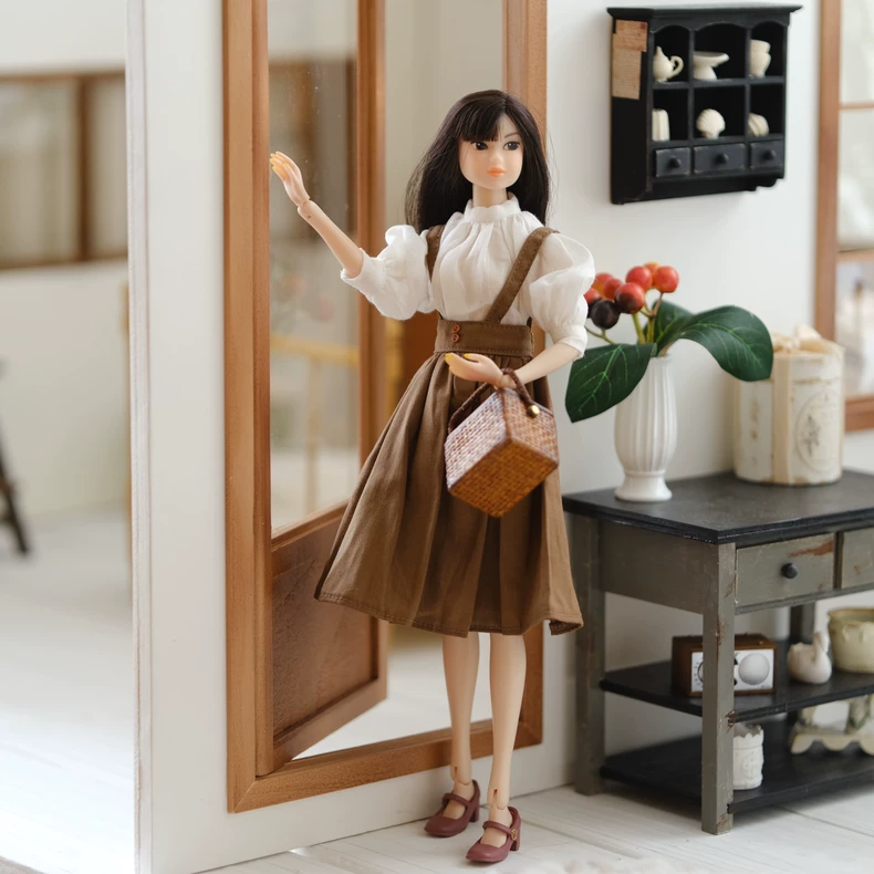 Handmade Blythe Doll Clothes Vintage Apron Skirt & Blouse Outfit for OB24 OB22 Dolls Cotton White Brown - Image 6