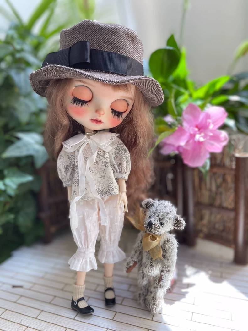Japanese Literary Style Blythe Doll Outfit: Floral Cotton Shirt & Pants Set w/ Detachable Collar for OB24 OB22 - Tea Party Elegance - Image 2
