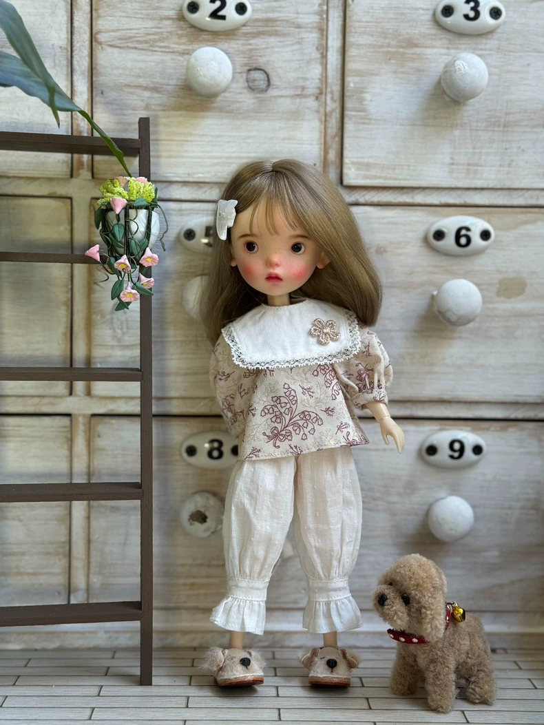 Japanese Literary Style Blythe Doll Outfit: Floral Cotton Shirt & Pants Set w/ Detachable Collar for OB24 OB22 - Tea Party Elegance - Image 3