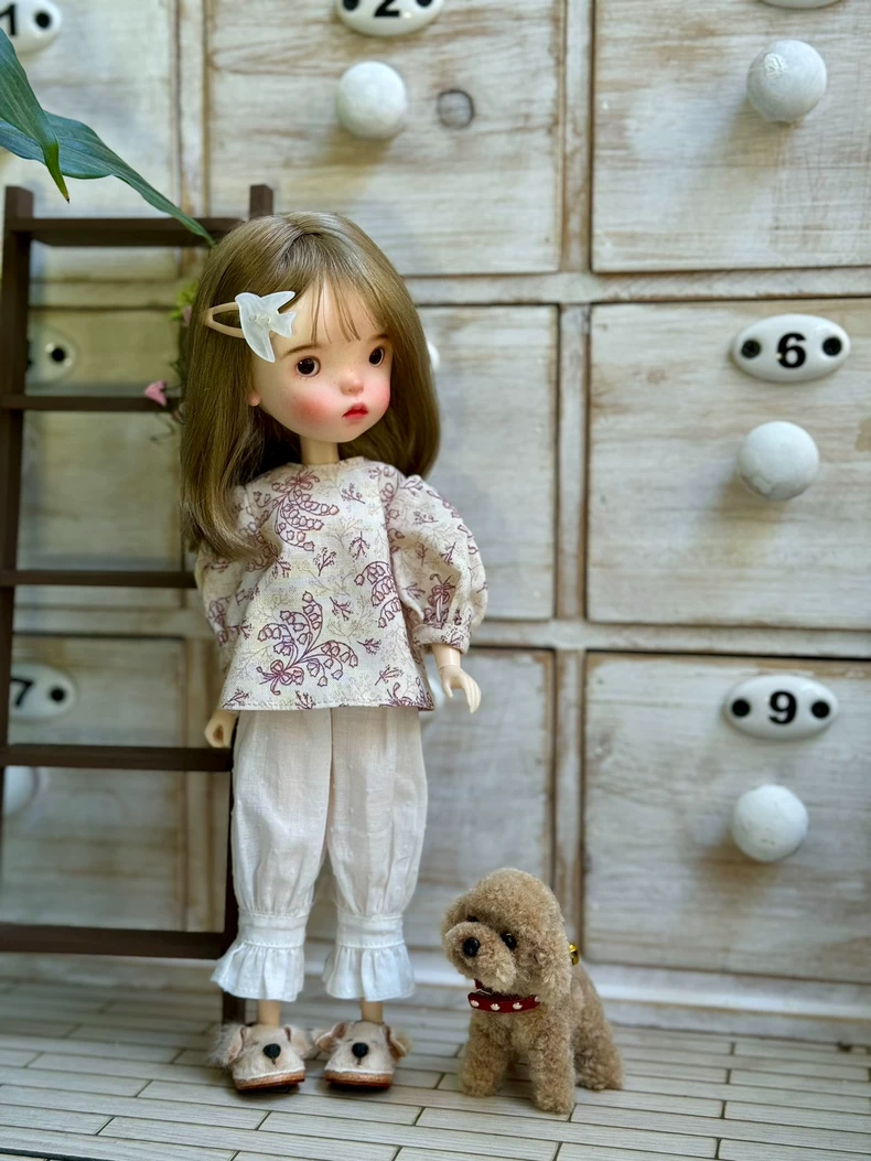 Japanese Literary Style Blythe Doll Outfit: Floral Cotton Shirt & Pants Set w/ Detachable Collar for OB24 OB22 - Tea Party Elegance - Image 4