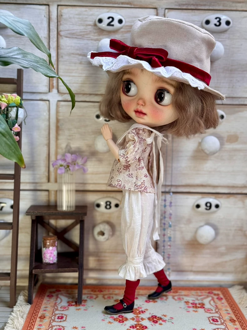 Japanese Literary Style Blythe Doll Outfit: Floral Cotton Shirt & Pants Set w/ Detachable Collar for OB24 OB22 - Tea Party Elegance - Image 5