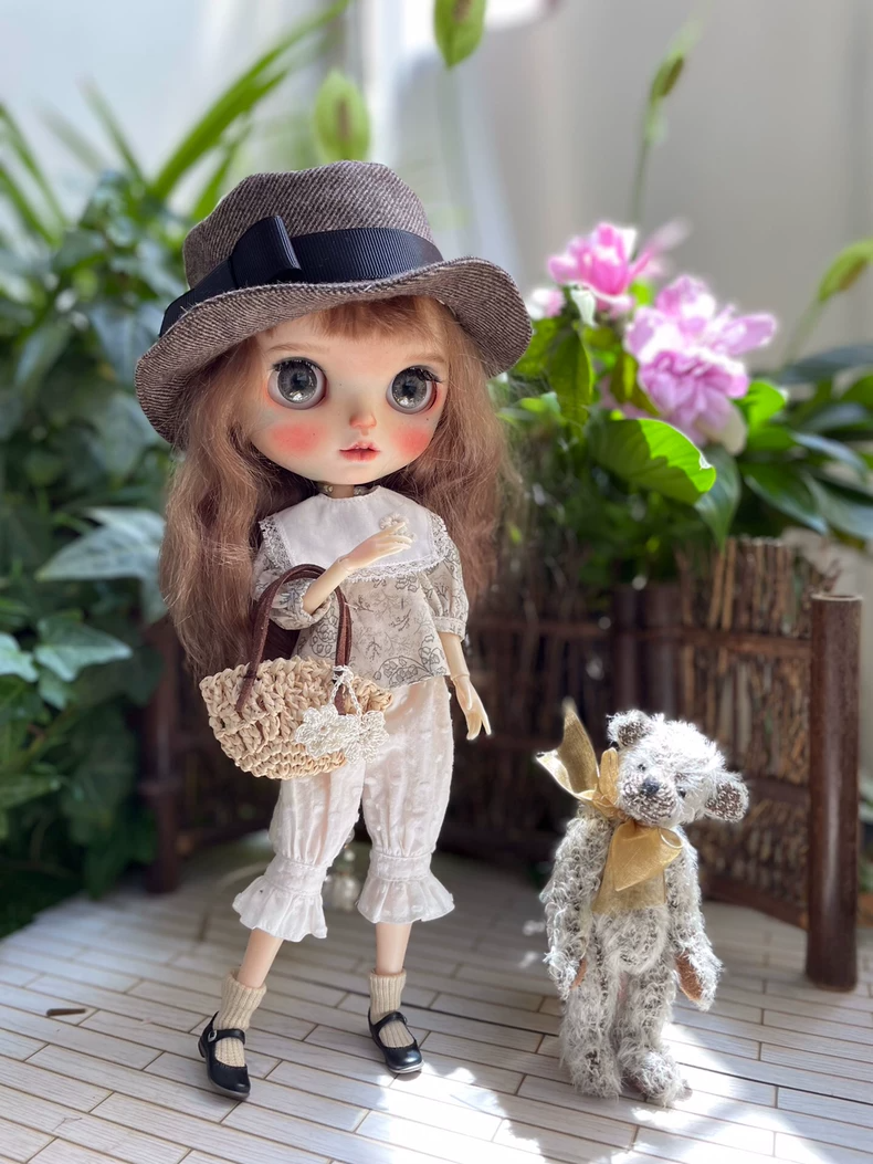 Japanese Literary Style Blythe Doll Outfit: Floral Cotton Shirt & Pants Set w/ Detachable Collar for OB24 OB22 - Tea Party Elegance - Image 6