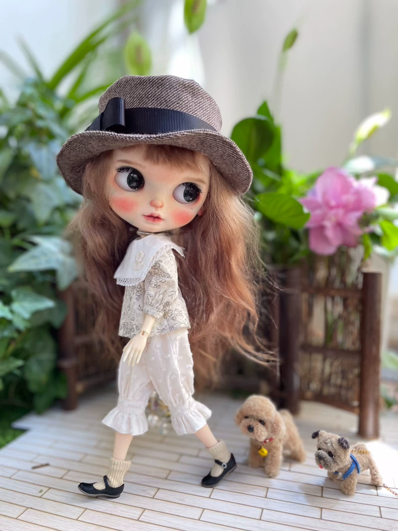 Japanese Literary Style Blythe Doll Outfit: Floral Cotton Shirt & Pants Set w/ Detachable Collar for OB24 OB22 - Tea Party Elegance - Image 7