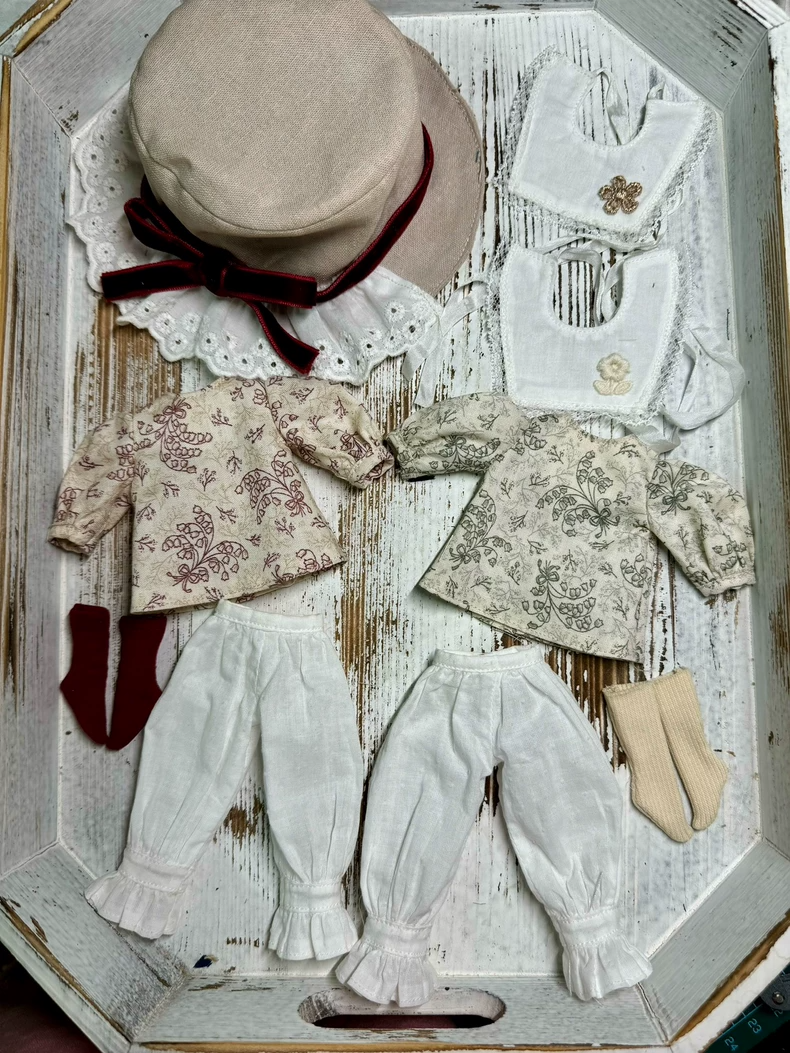 Japanese Literary Style Blythe Doll Outfit: Floral Cotton Shirt & Pants Set w/ Detachable Collar for OB24 OB22 - Tea Party Elegance - Image 8