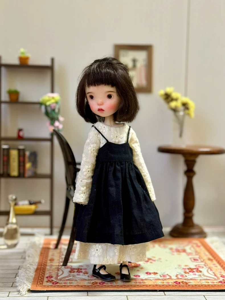 Vintage Elegance Blythe Doll Outfit – Tea-Dyed Dress & Black Skirt Set - Image 1