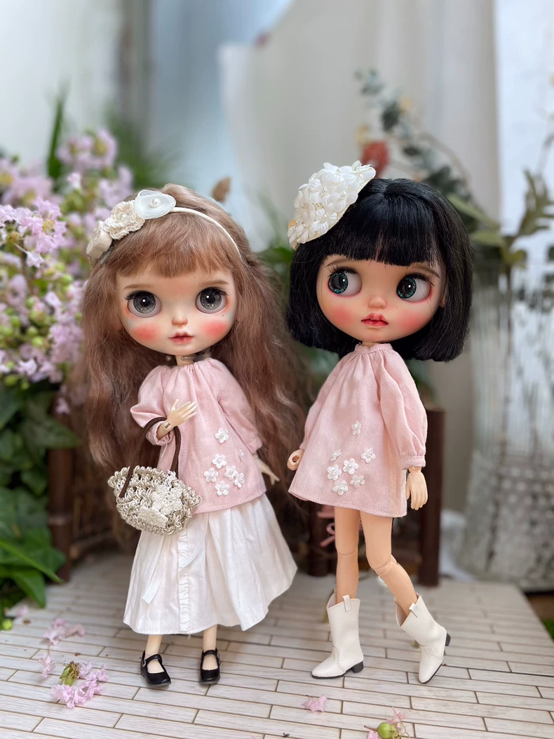 Vintage Charm Blythe Outfit: Floral Blouse & Skirt Set, Pastel Pink - Image 3