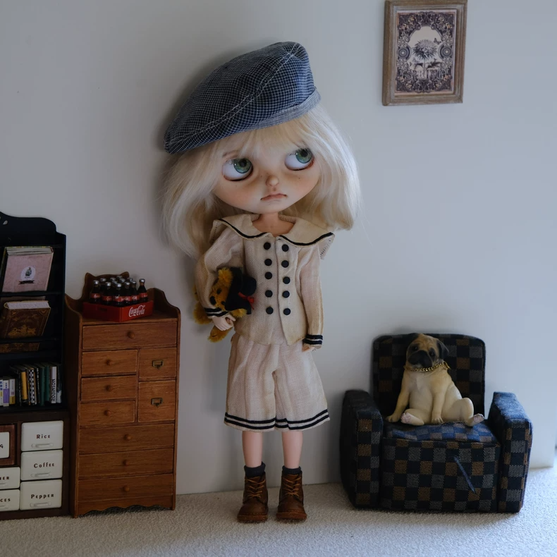 Vintage French Nautical Outfit for BLYTHE Dolls - Elegant White & Navy Cotton Set with Gray Cap - Image 1