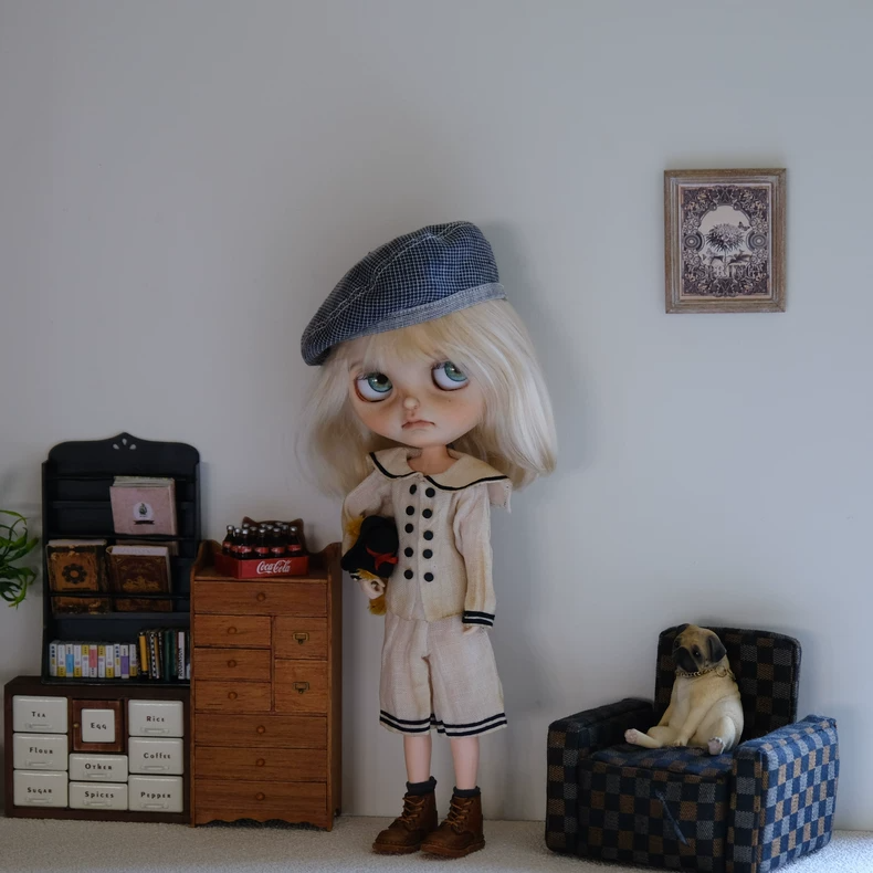 Vintage French Nautical Outfit for BLYTHE Dolls - Elegant White & Navy Cotton Set with Gray Cap - Image 2