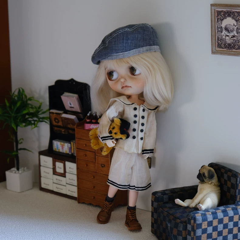 Vintage French Nautical Outfit for BLYTHE Dolls - Elegant White & Navy Cotton Set with Gray Cap - Image 6