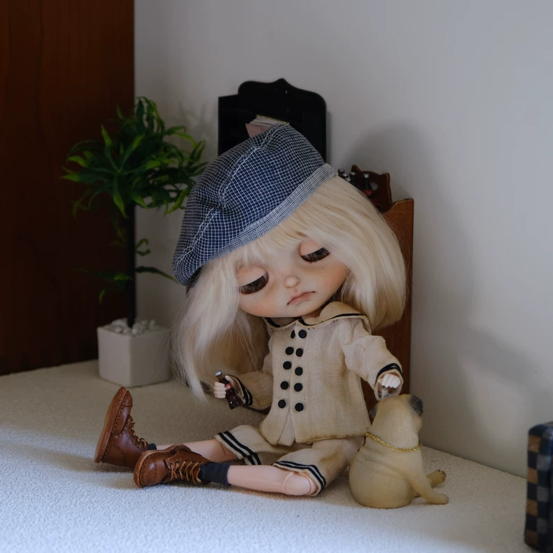Vintage French Nautical Outfit for BLYTHE Dolls - Elegant White & Navy Cotton Set with Gray Cap - Image 8