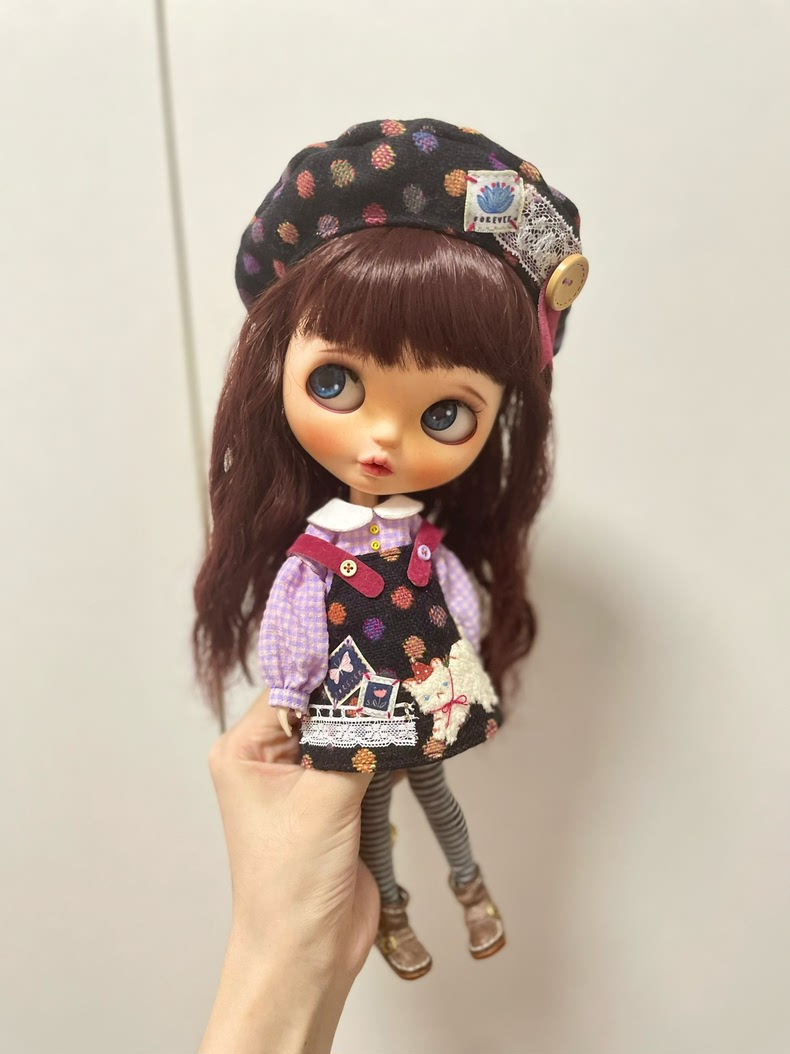 Whimsical Blythe Doll Outfit: Playful Feline Elegance in Deep Purple Polka Dots - Image 2