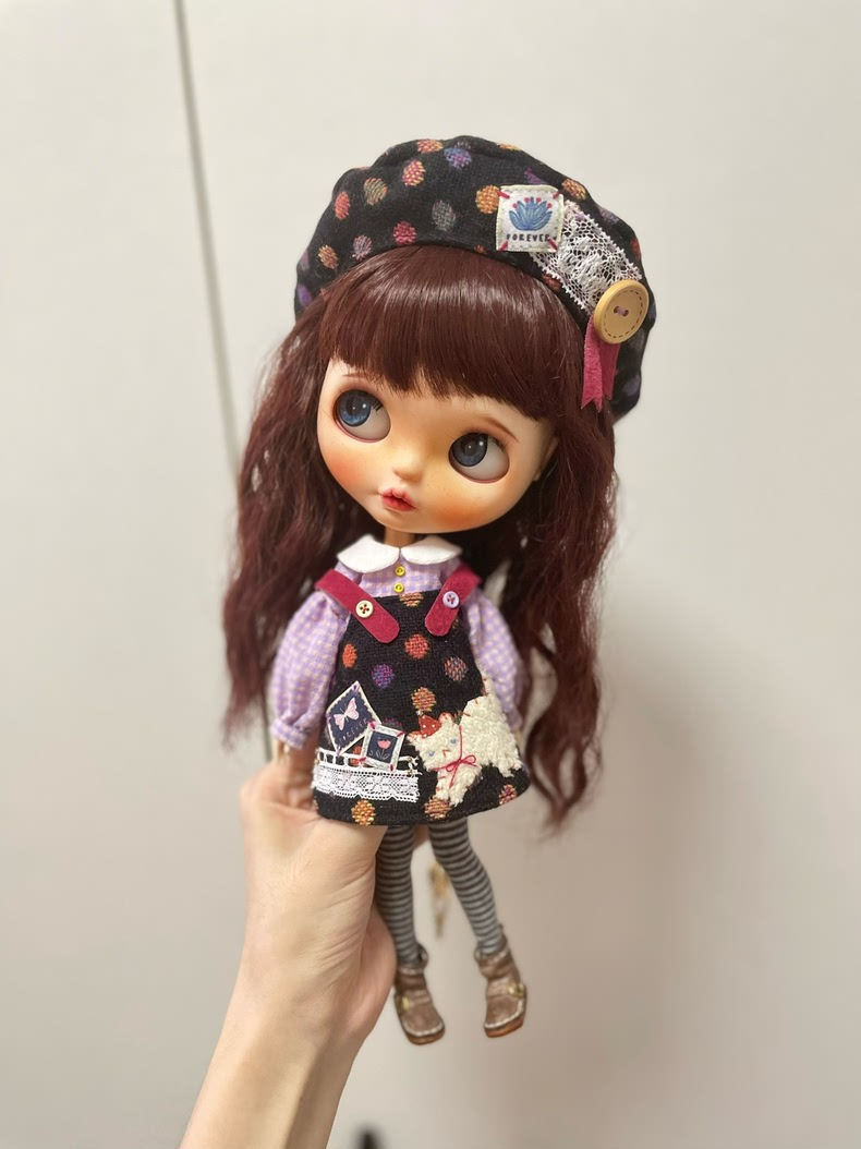 Whimsical Blythe Doll Outfit: Playful Feline Elegance in Deep Purple Polka Dots - Image 3