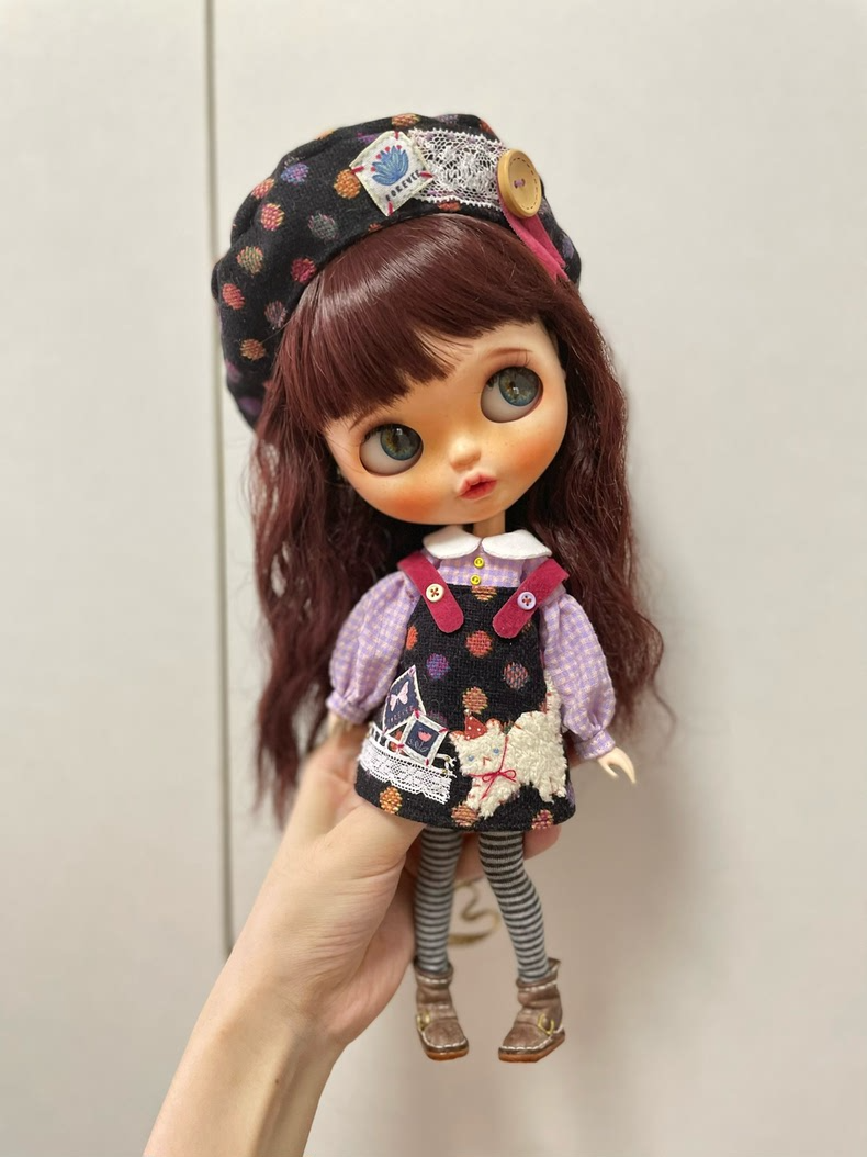 Whimsical Blythe Doll Outfit: Playful Feline Elegance in Deep Purple Polka Dots - Image 4