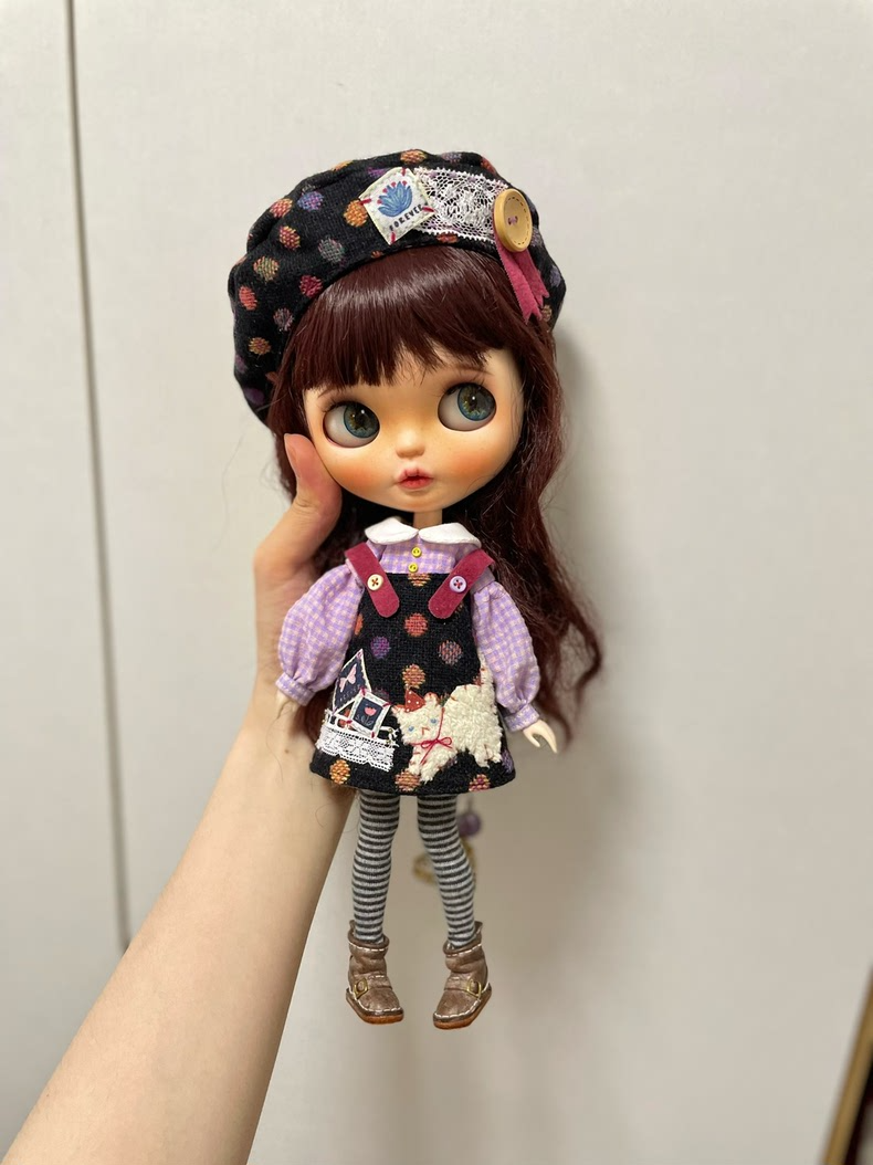 Whimsical Blythe Doll Outfit: Playful Feline Elegance in Deep Purple Polka Dots - Image 5