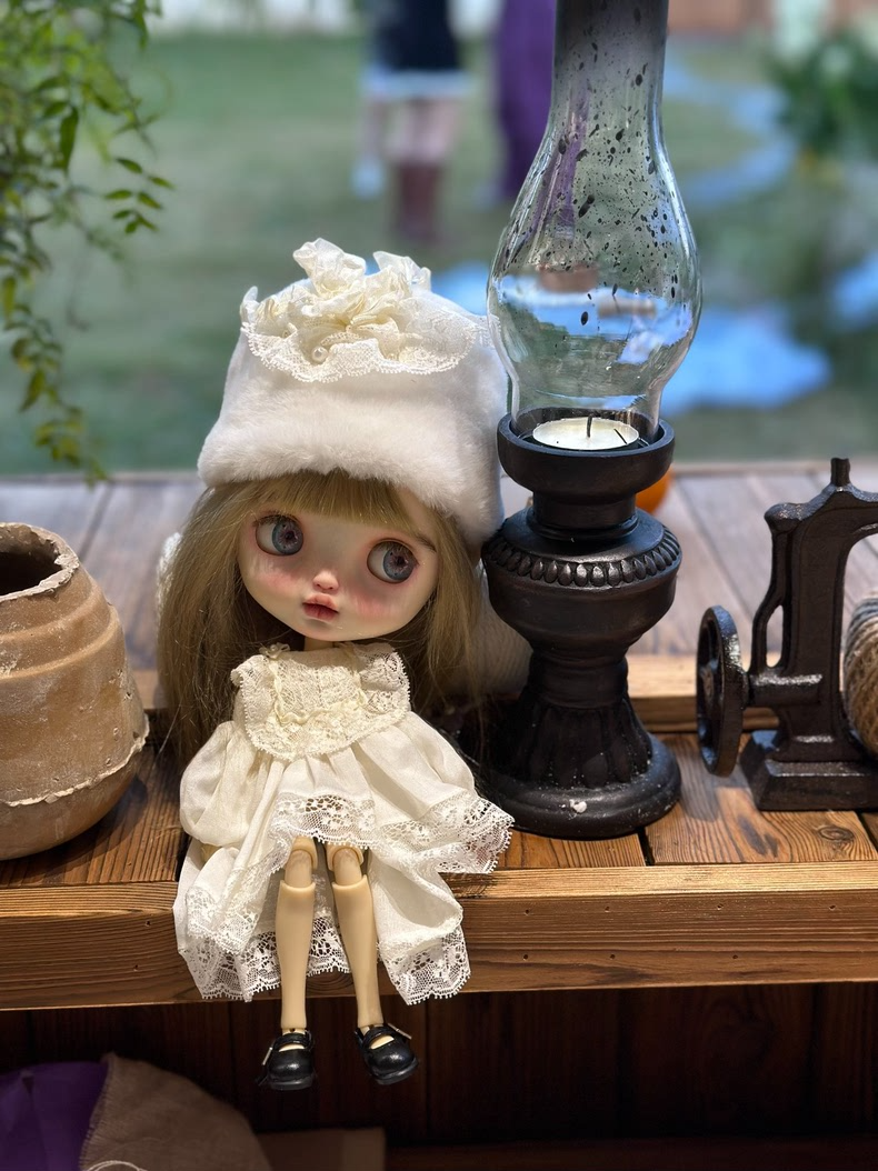 Vintage BLYTHE Doll Outfit: Elegant Cotton Dress, Lace Hat & Socks in Soft Pastels - Image 1