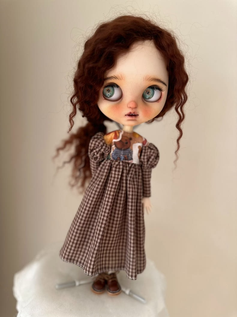 Charming Checkered Blythe Doll Dress with Teddy Bear Patch – Premium & Versatile Outfit - Image 5