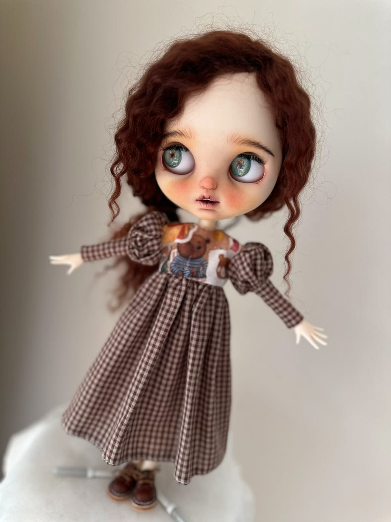 Charming Checkered Blythe Doll Dress with Teddy Bear Patch – Premium & Versatile Outfit - Image 7