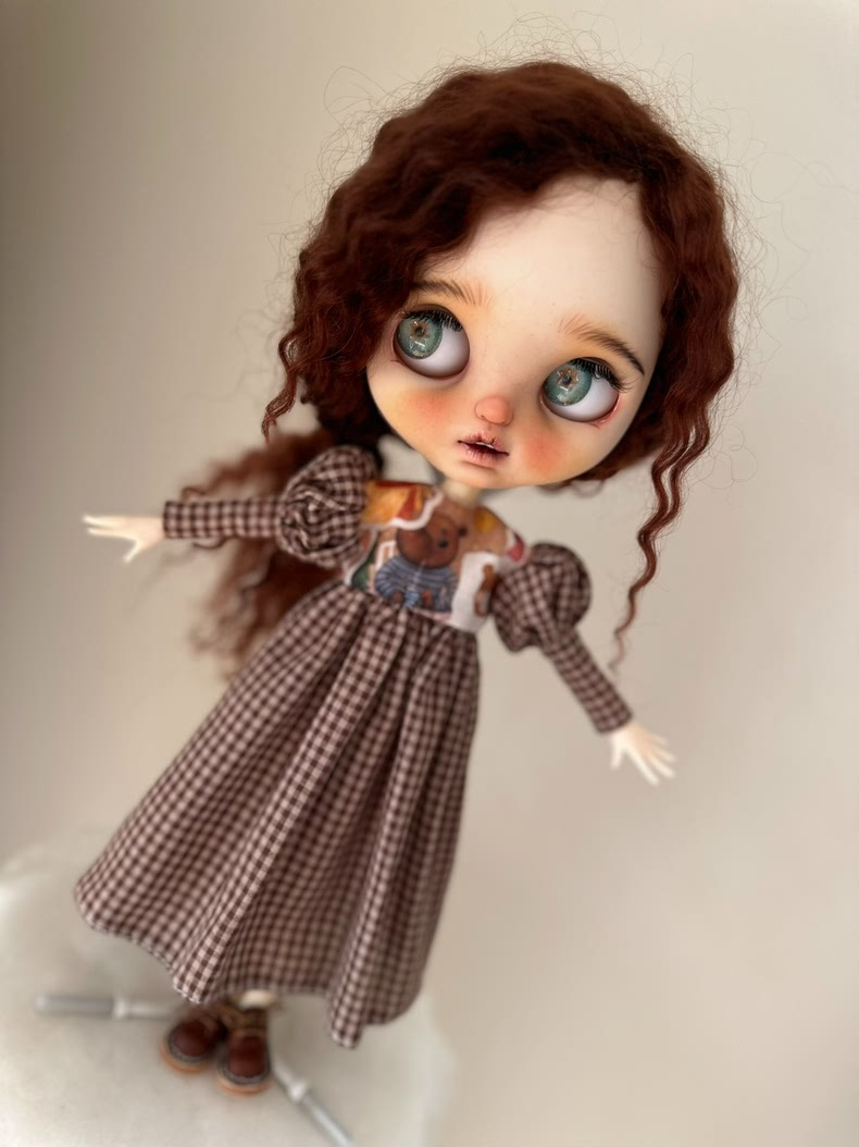 Charming Checkered Blythe Doll Dress with Teddy Bear Patch – Premium & Versatile Outfit - Image 8