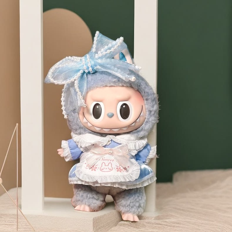 Charming Blue LABUBU Doll Outfit: Adorable Rabbit-Themed Skirt, Apron & Bow for Collectors - Image 2